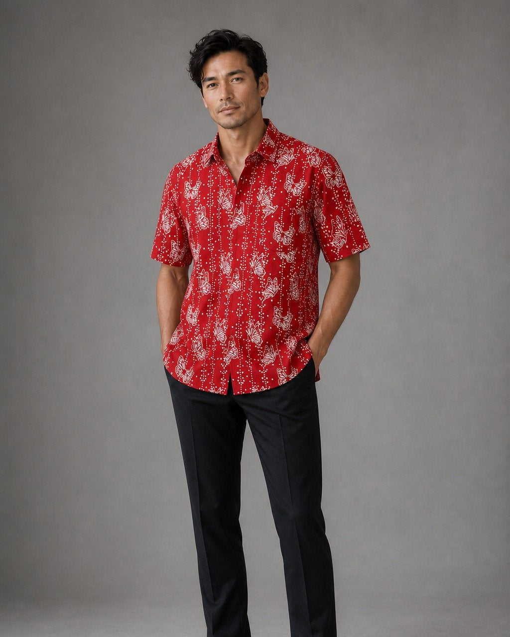 ANS.EIN | BUTTERFLY Red Man Batik Shirt With Point Collar