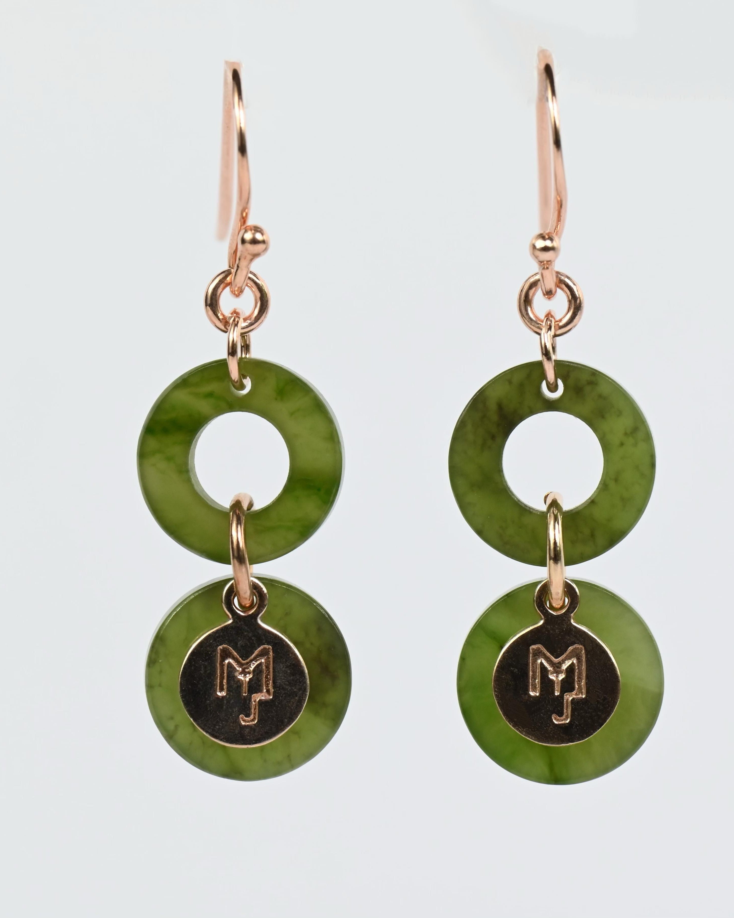Dangle earrings featuring natural Nephrite Jade and rose-gold-plated sterling silver.