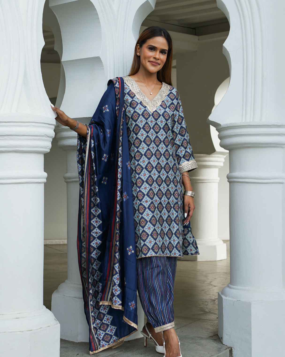 NIMBU | Tara Blue Women's Choga Style Kurti & Salwar Set in Muslin Cotton