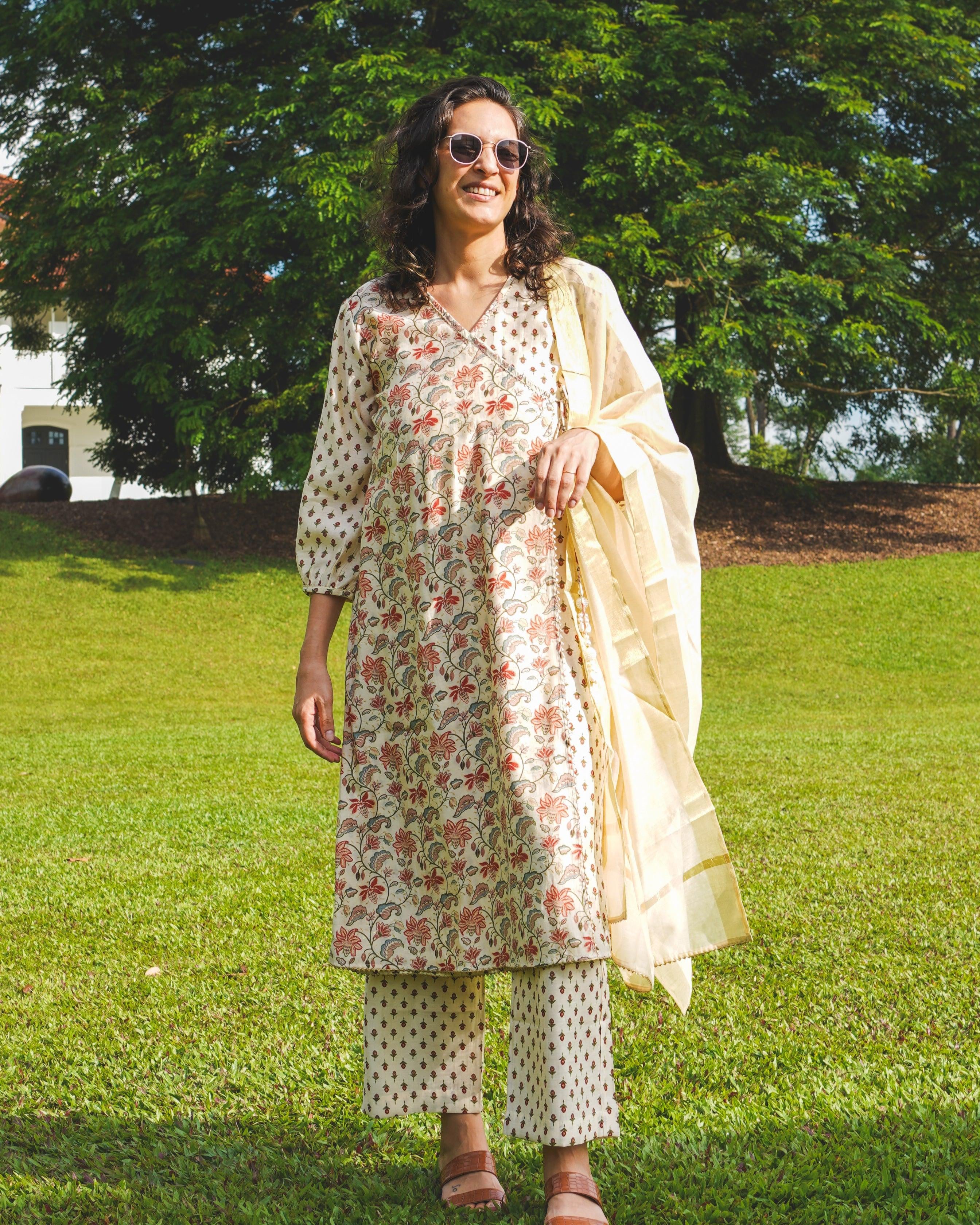 NIMBU | Nia Womens Pearl White Floral Angarkha Kurti & Salwar With Dupatta Set In Muslin Cotton