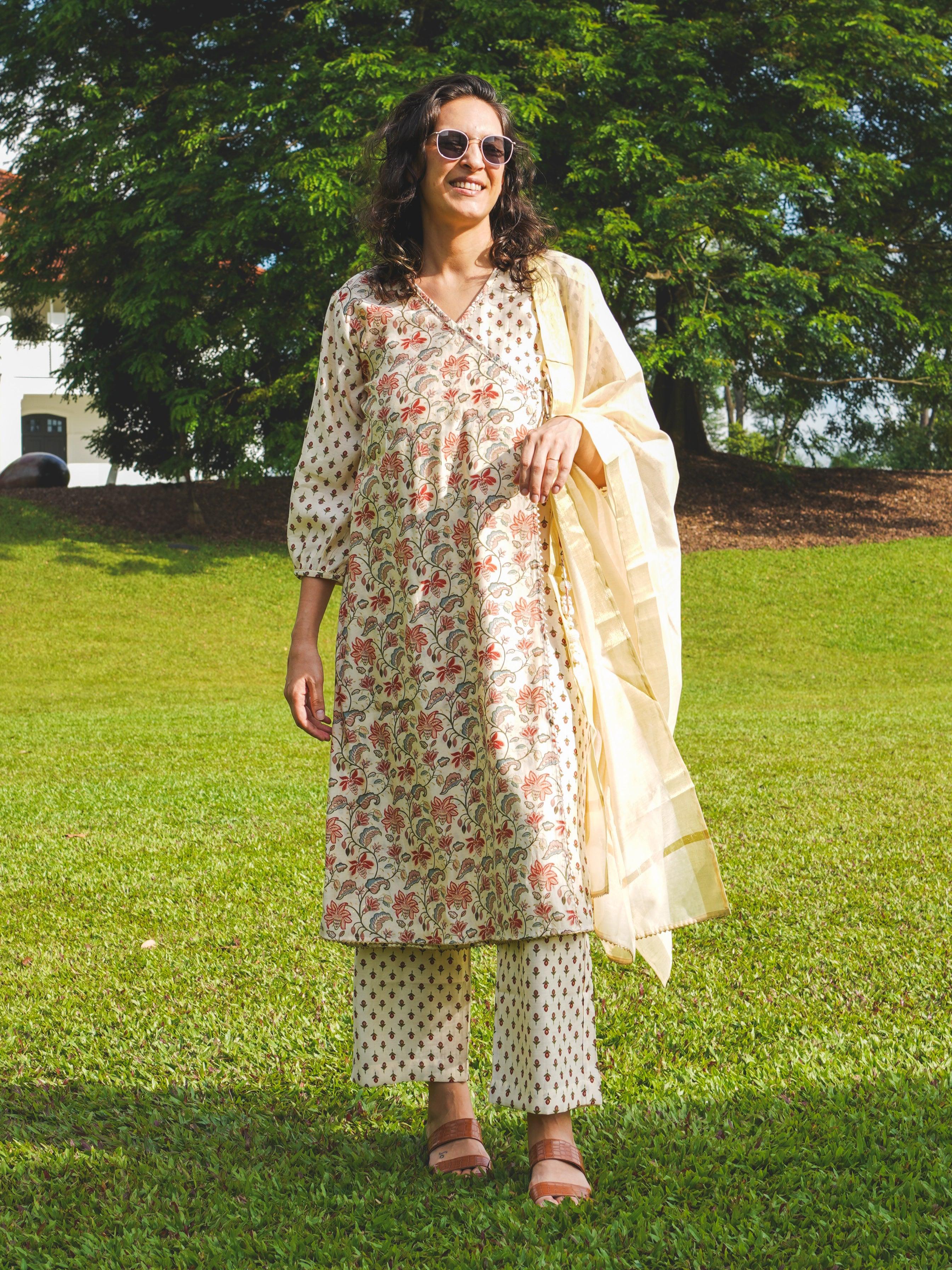 NIMBU | Nia Womens Pearl White Floral Angarkha Kurti & Salwar With Dupatta Set In Muslin Cotton