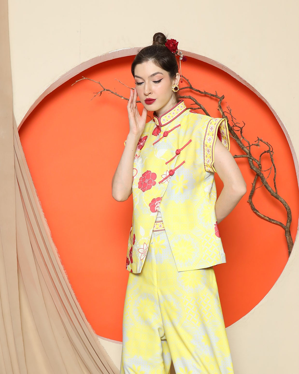 KANZI COLLECTION | Yellow Cheongsam Floral Vest With Wide Leg Pant Set