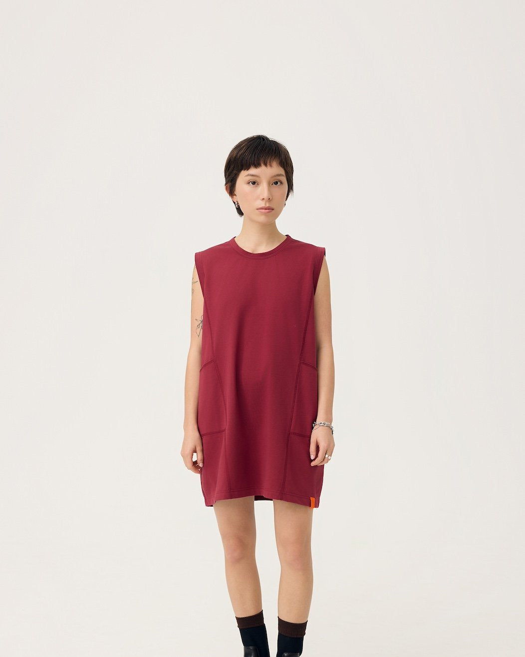3EIGHTH | Cocoon Jersey Reversible Dress in Burgundy & Sappanwood