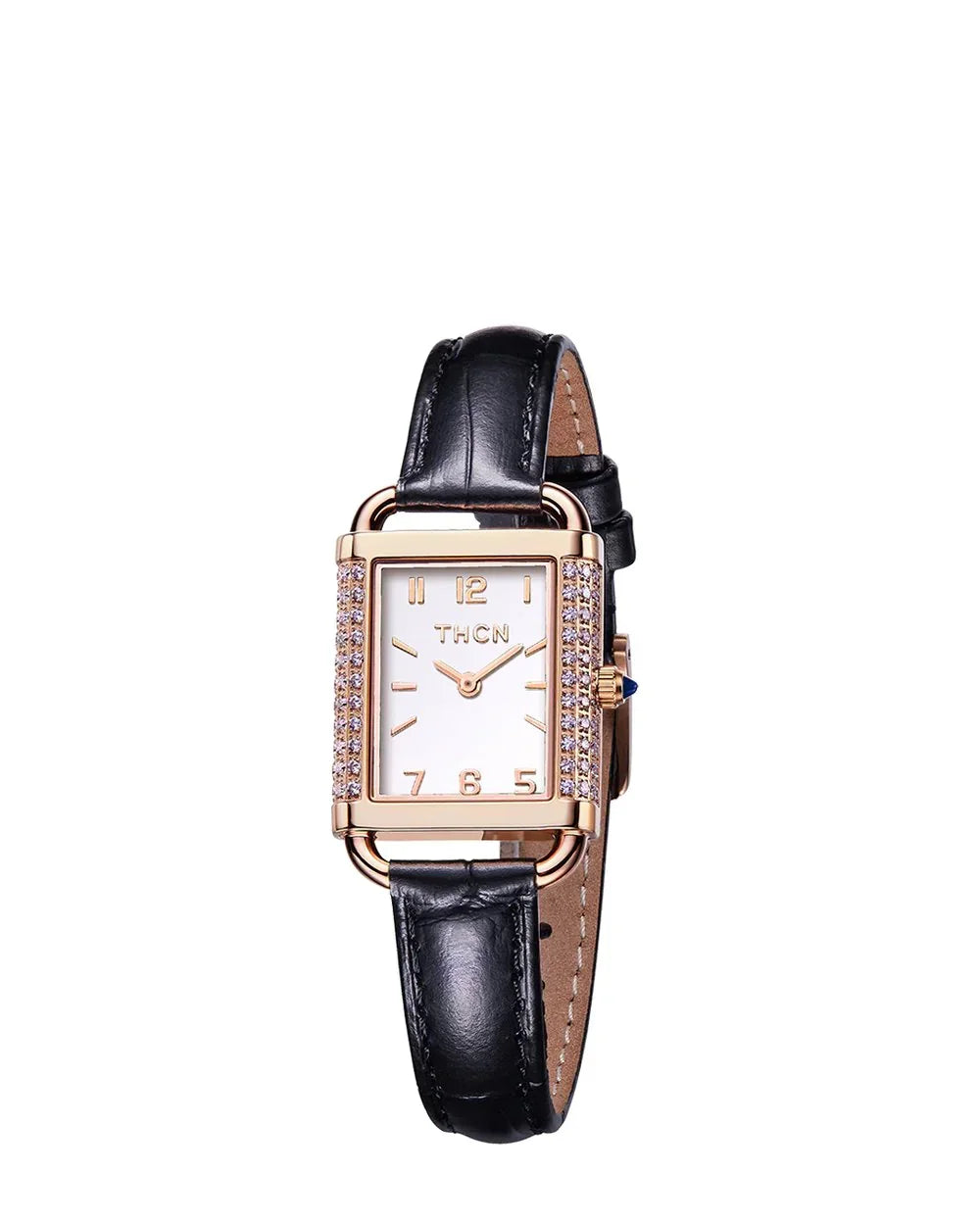 BLACK BY BLUE BRAVE | THCN Hยท II Eggshell White Dial Black Leather Strap Watch | Rose Gold