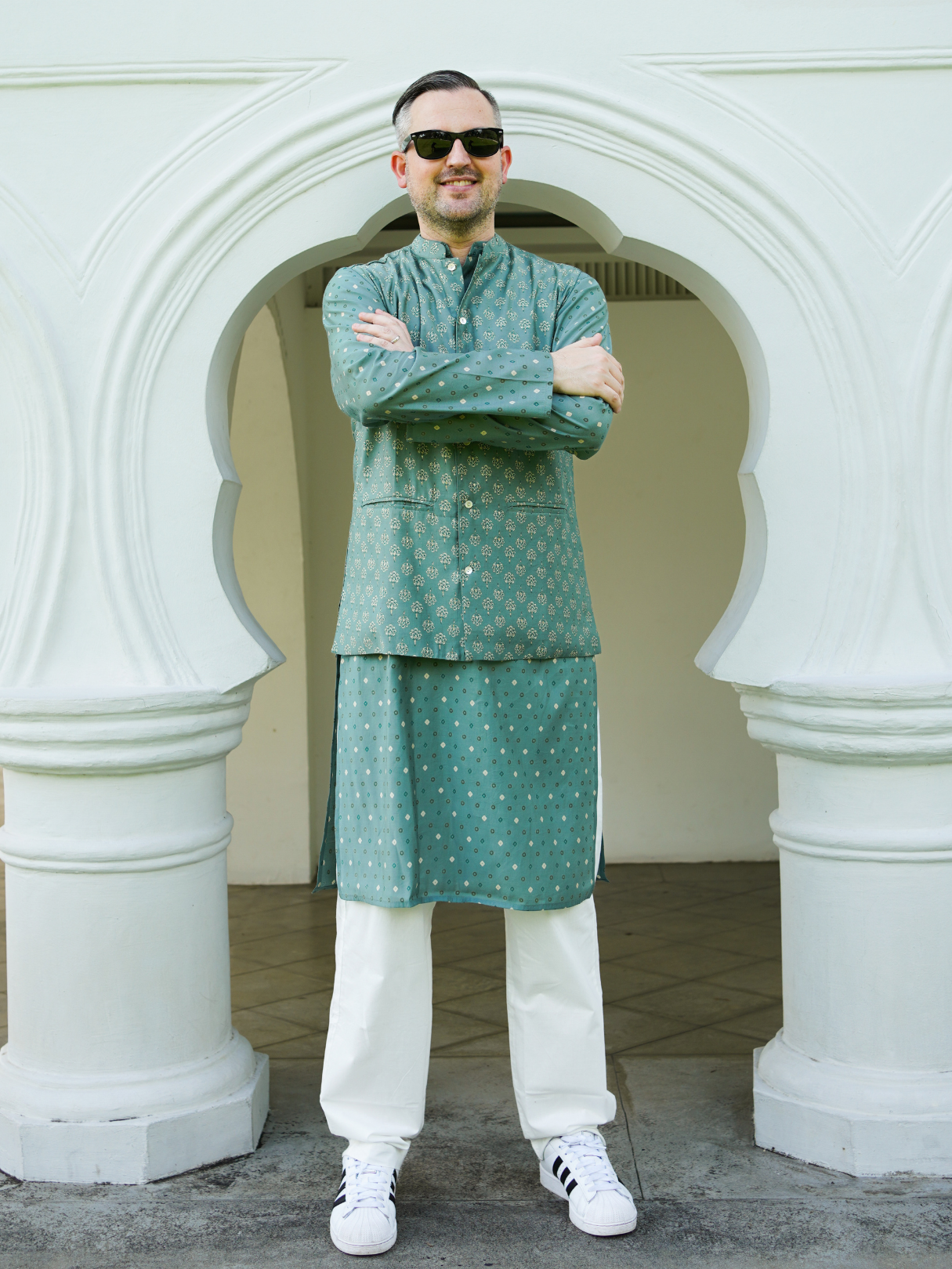 NIMBU | Vir Sage Green Men's Kurta Pajama Jacket Set in Muslin Cotton