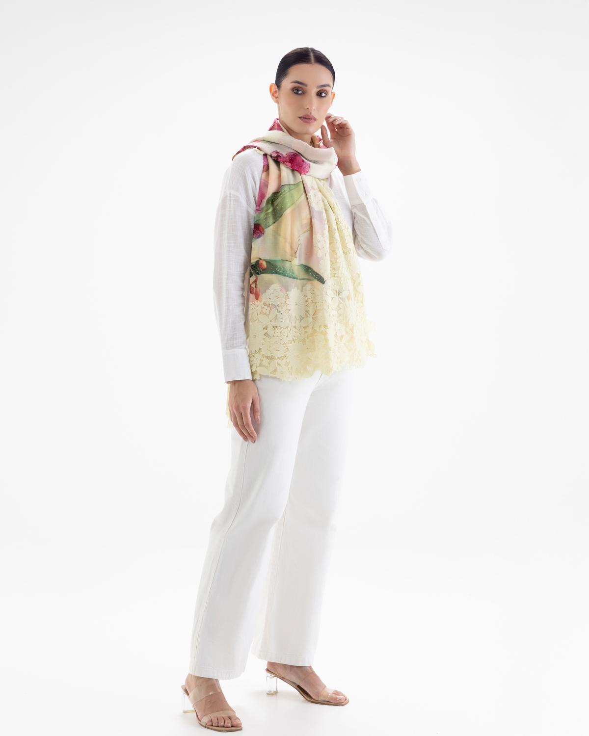 QUEENMARK | AN Assorted Lace Print Crystal Shawl Ivory Pink Flower