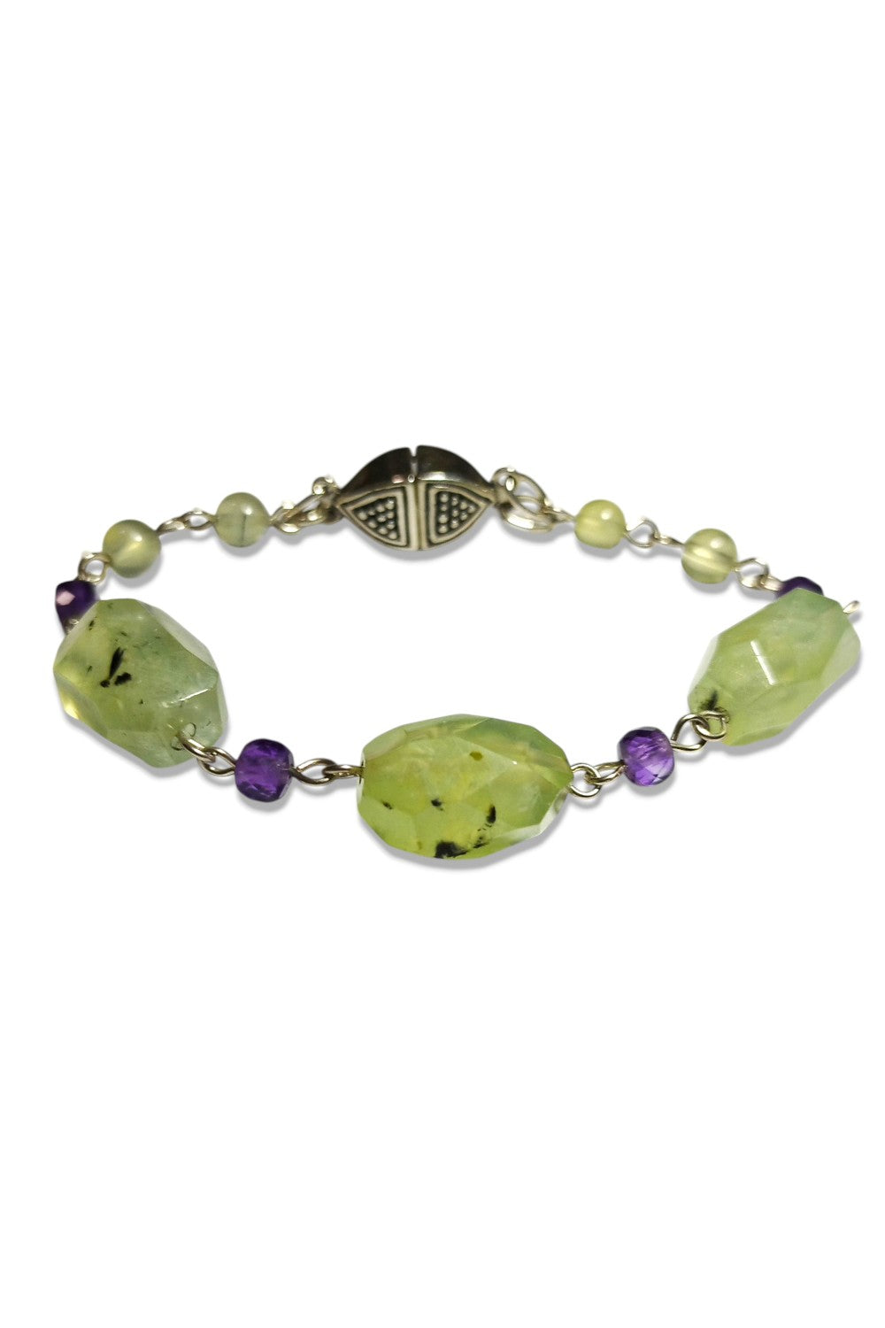CREATIVE JEWELLERY STUDIO | Passion Prehnite & Amethyst, Silver Bracelet by Hooked On Maille
