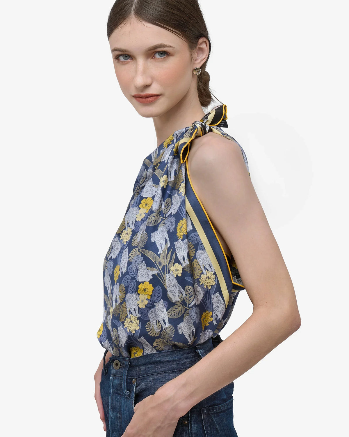STUDIO QILING | Tiger Navy Night Double Side Silk Scarf 100