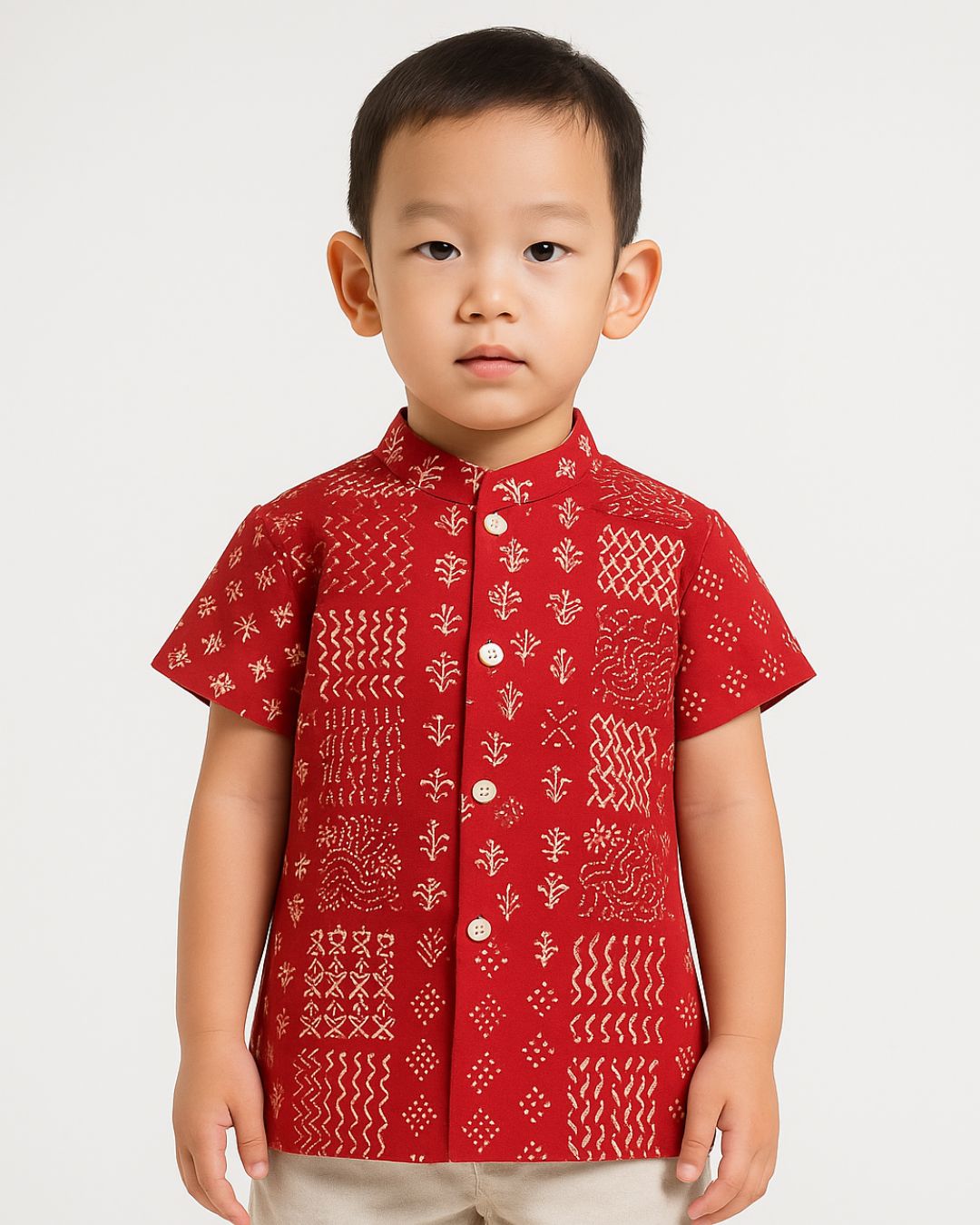 NIMBU | Ember Red Kids Mandarin Cotton Shirt