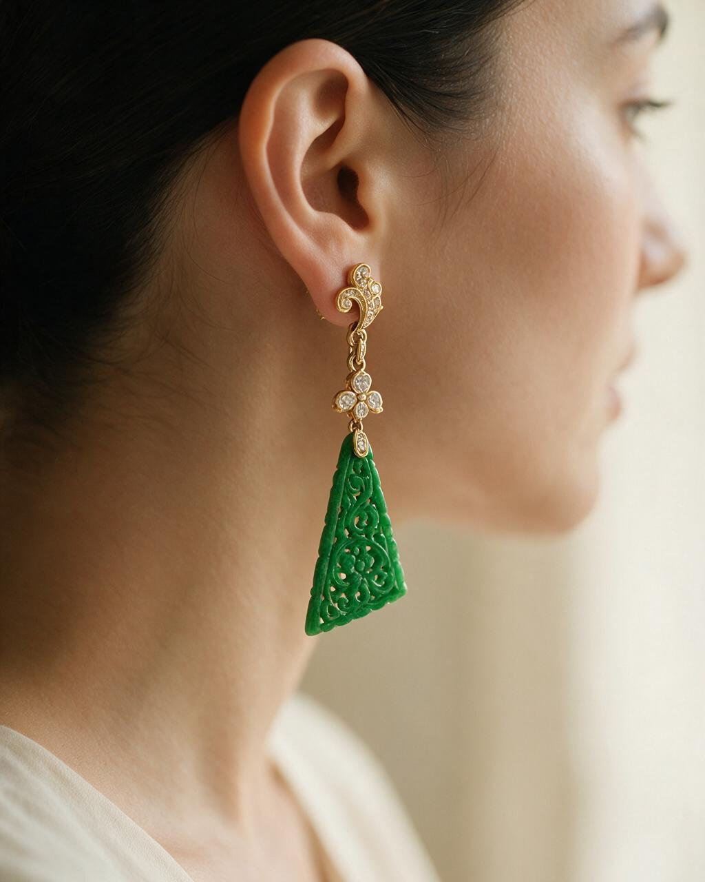 FOUNDATION JEWELLERS | 18K Yellow Gold Natural Diamond & Jade Earring - PE101685