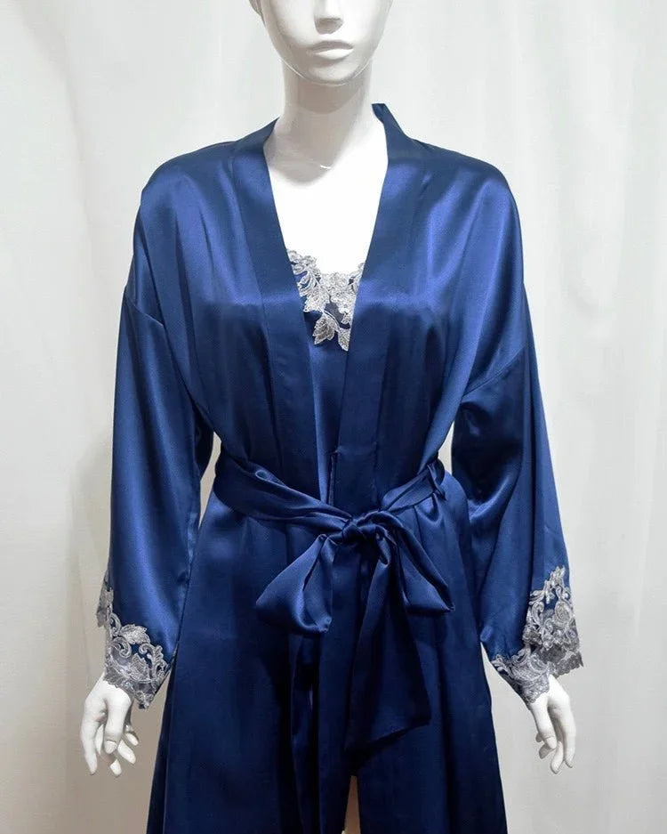 BELLS & BIRDS | Florentine Mulberry Silk Robe (Navy)