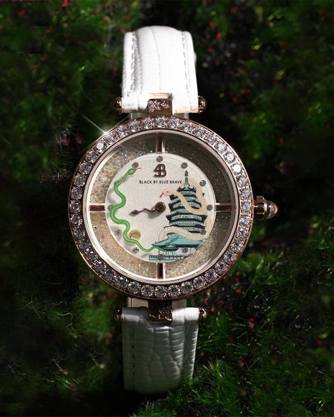BLACK BY BLUE BRAVE | Snake Watch 34mm (White Dial with Moving Snake Hands and Leather Strap)