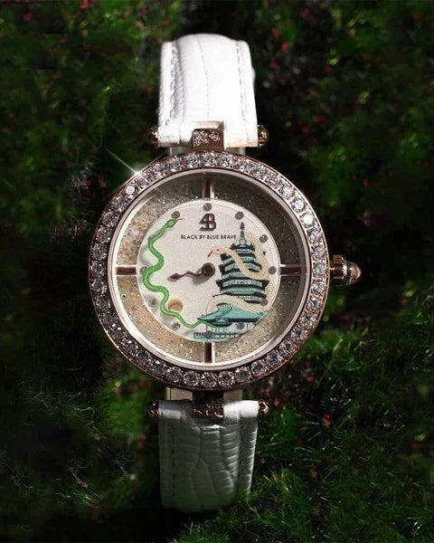 BLACK BY BLUE BRAVE | Snake Watch 34mm (White Dial with Moving Snake Hands and Leather Strap)