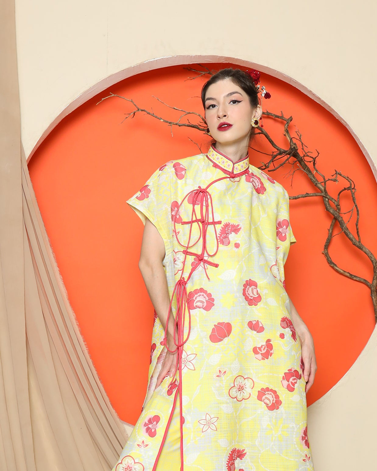KANZI COLLECTION | Yellow Oriental Floral Cheongsam Pant Set