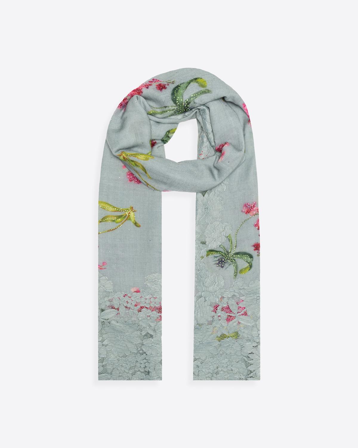 QUEENMARK | AN Assorted Lace Print Crystal Shawl Light Grey