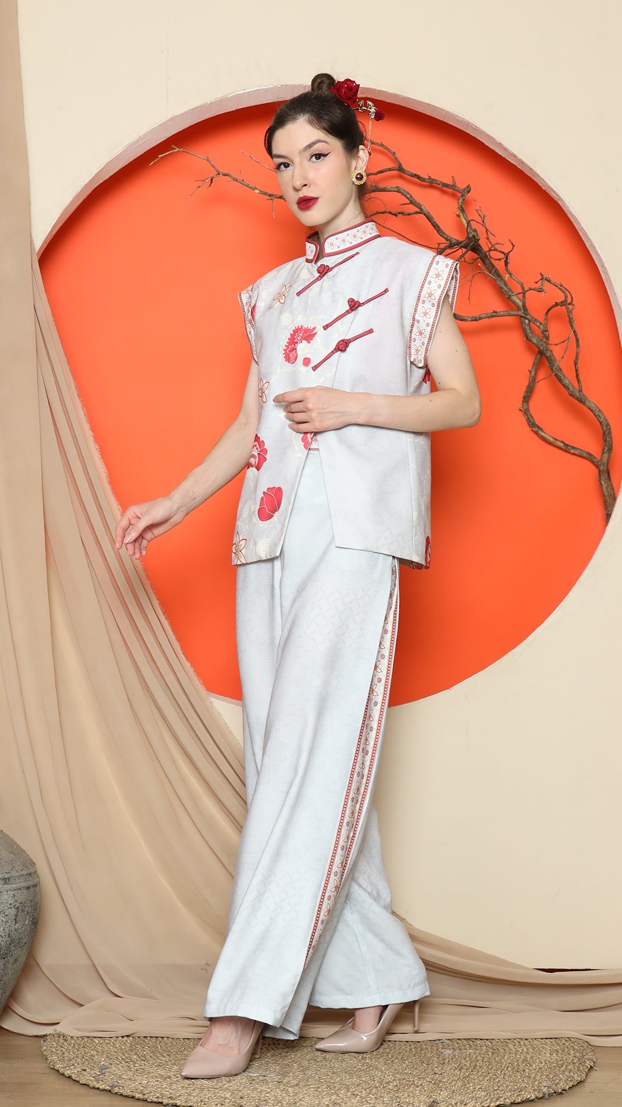 KANZI COLLECTION | Grey Cheongsam Floral Vest With Wide Leg Pant Set