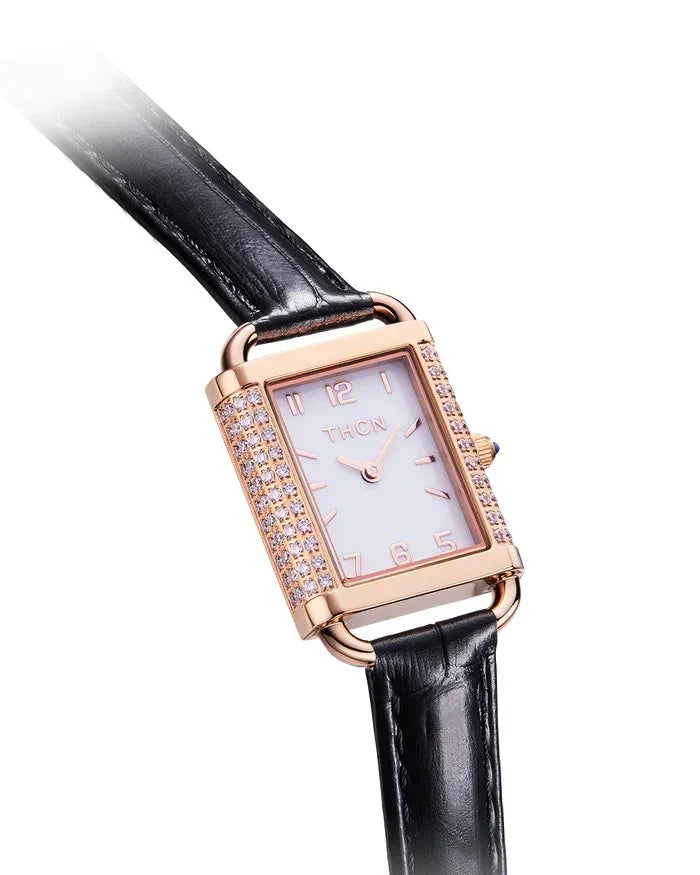 BLACK BY BLUE BRAVE | THCN Hยท II Eggshell White Dial Black Leather Strap Watch | Rose Gold