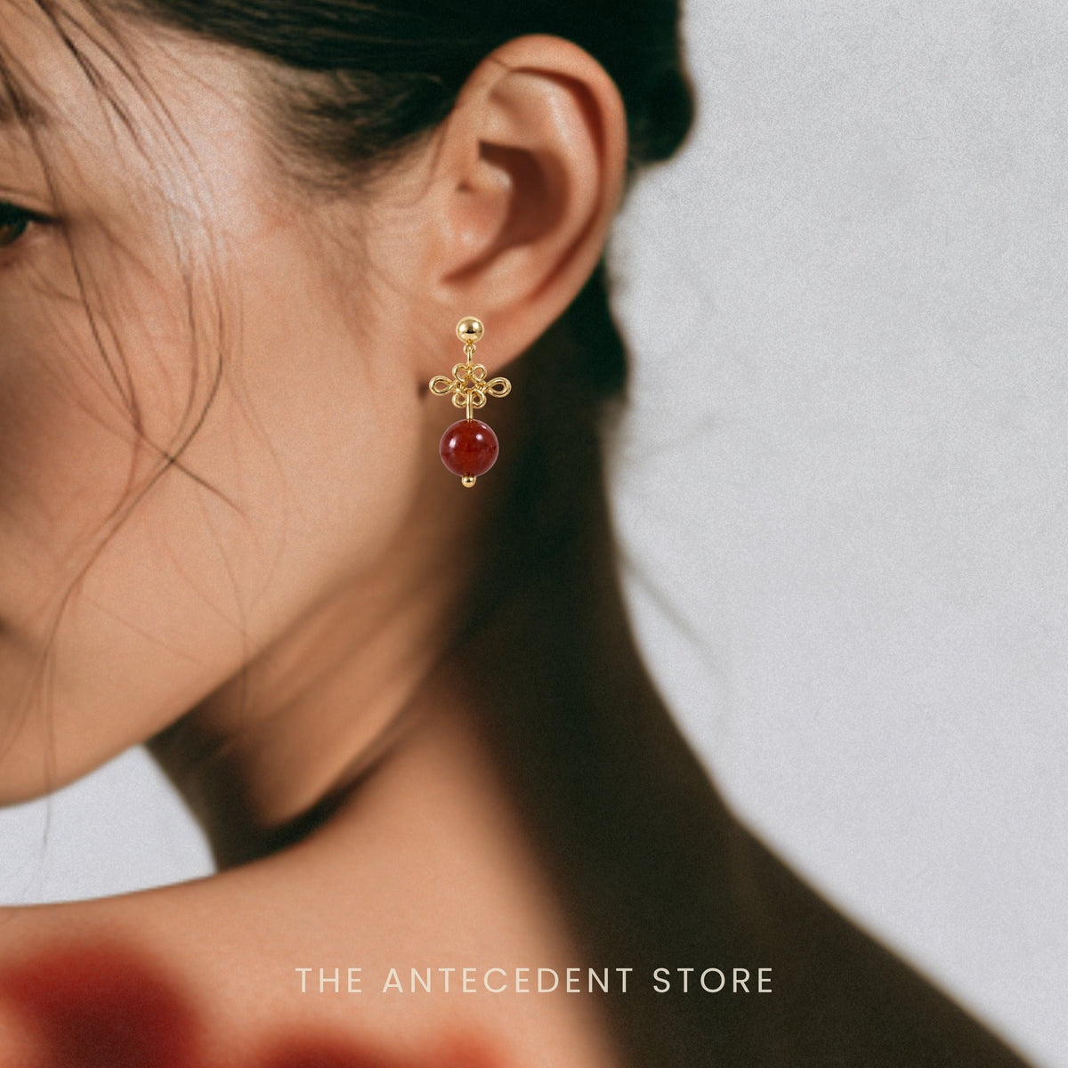 THE ANTECEDENT STORE | Auspicious Ruyi Knot with Red Agate Earrings