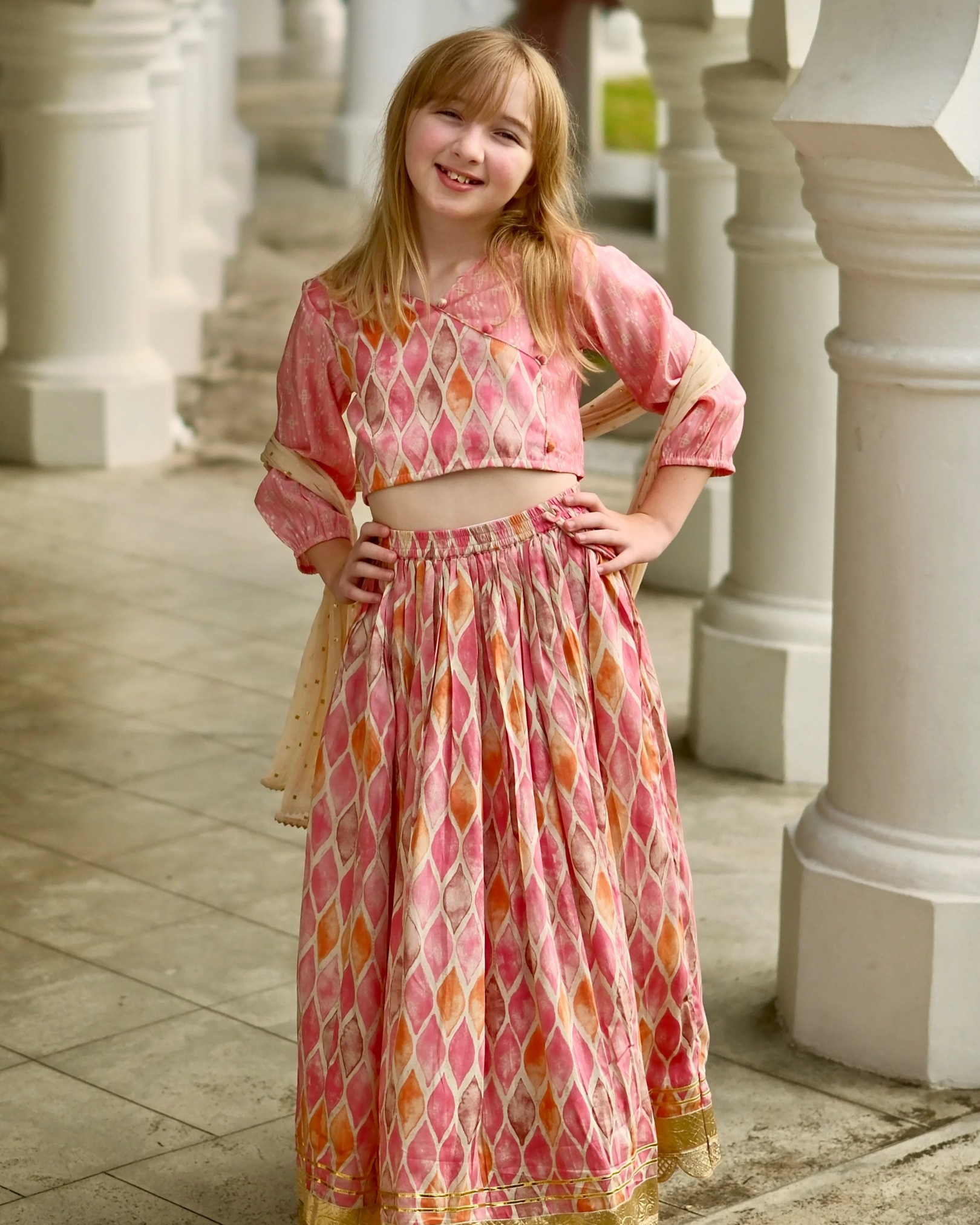 NIMBU | Rooh Pink Girls Lehenga Choli Set With Dupatta In Muslin Cotton