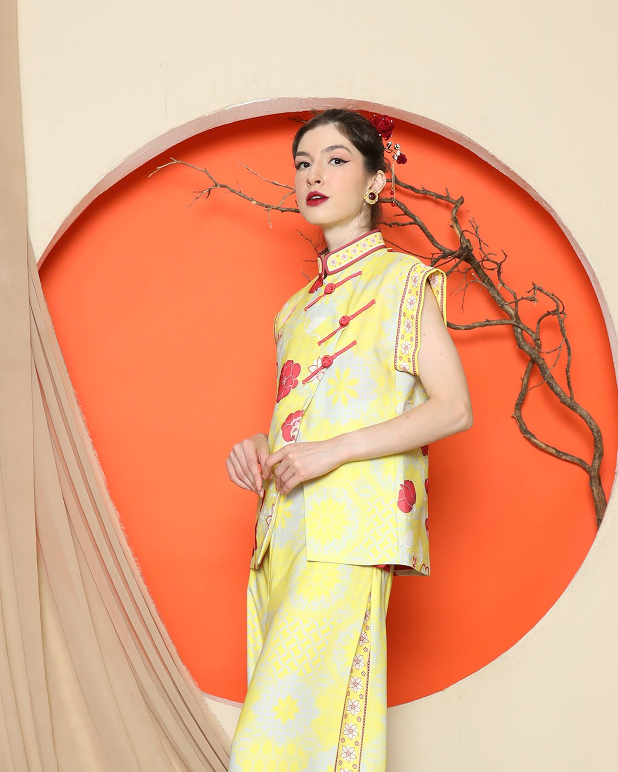 KANZI COLLECTION | Yellow Cheongsam Floral Vest With Wide Leg Pant Set