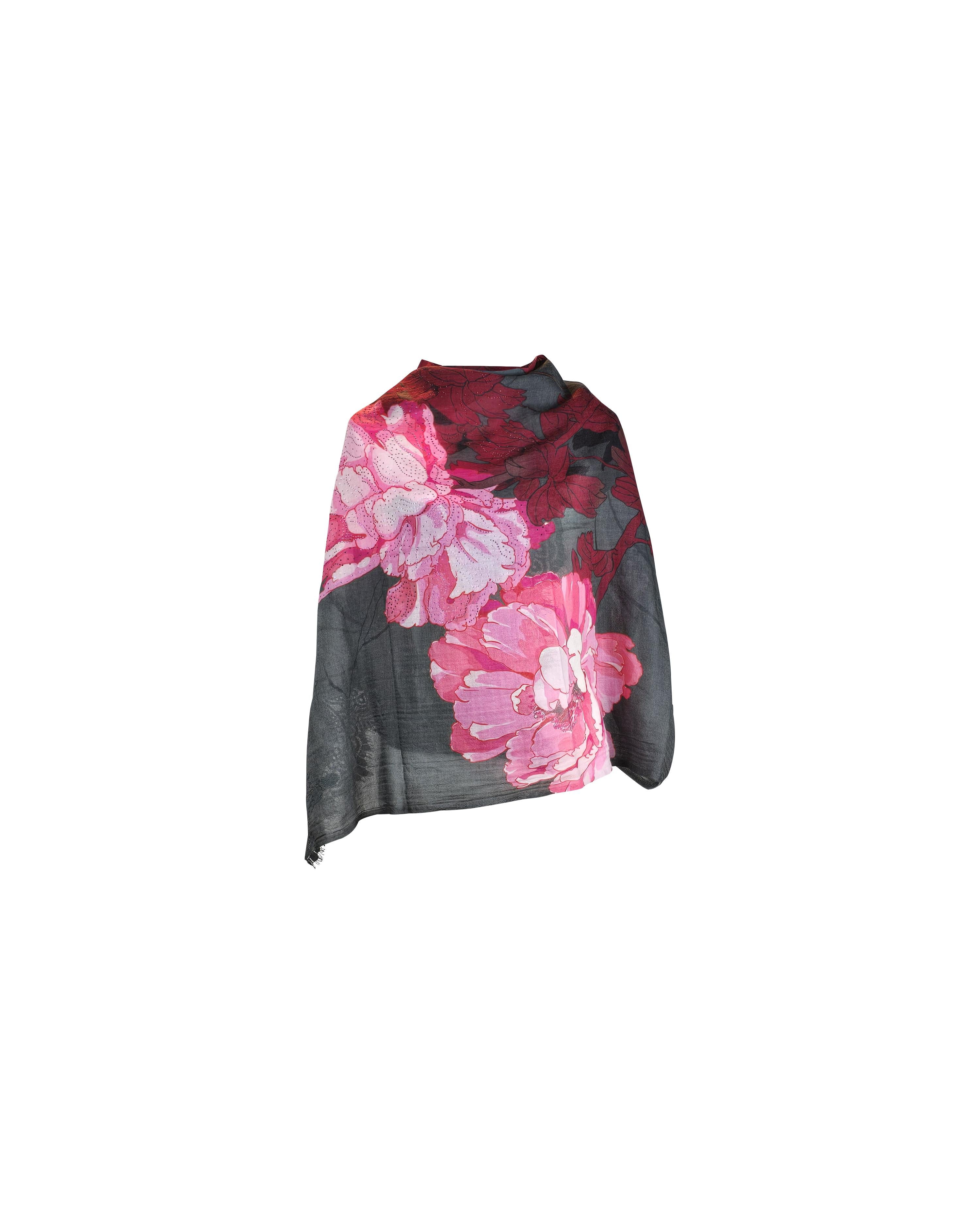 QUEENMARK | AN Printed Shawl 2024 Assorted Grey Pink Flower