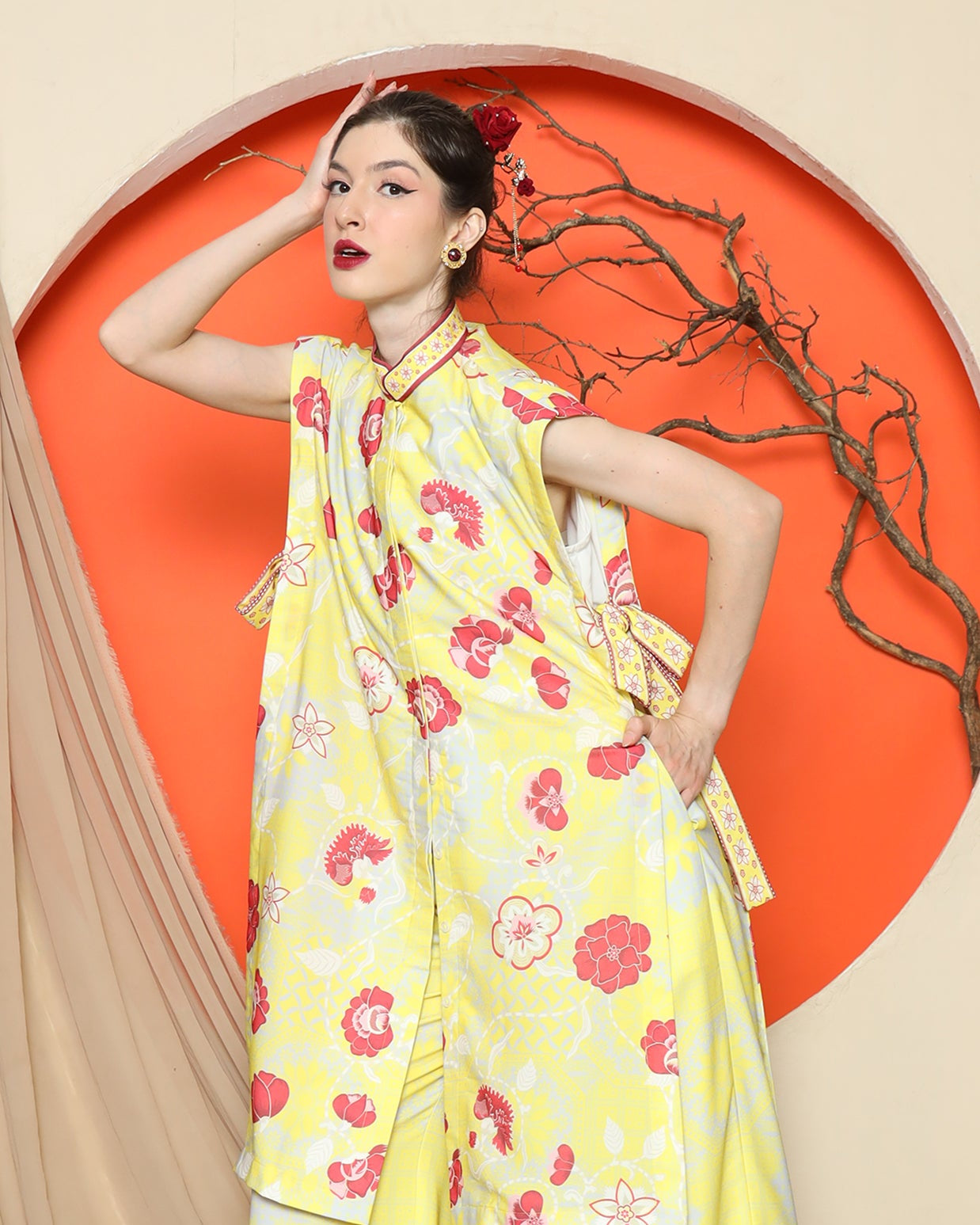 KANZI COLLECTION | Yellow Vest Kimono Jacquard Floral Pant Set