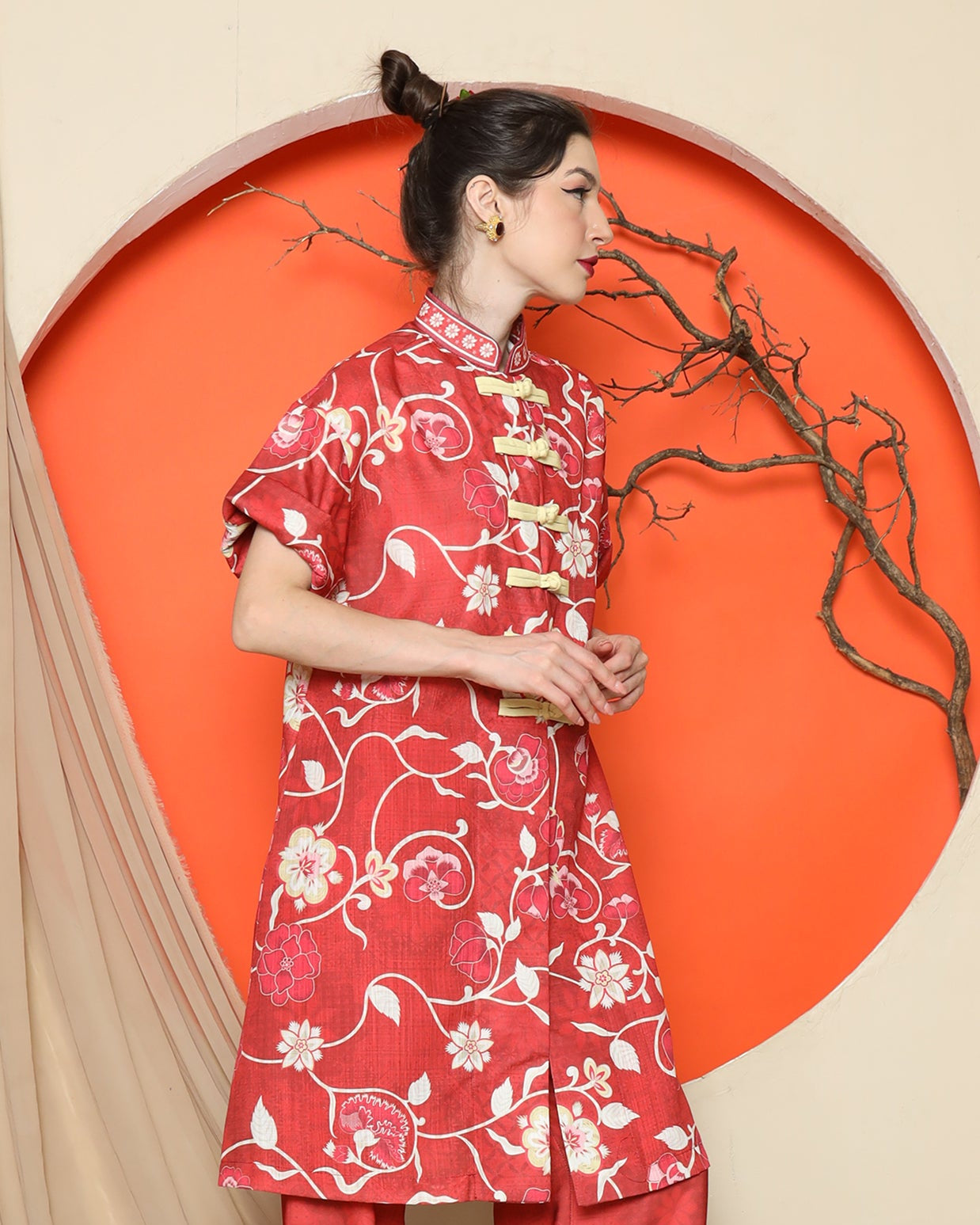 KANZI COLLECTION | Red Floral Cheongsam Pant Set