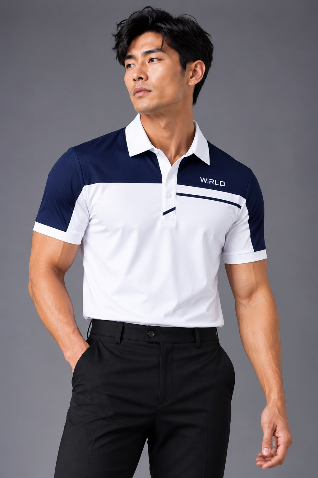 WRLD | Colour Block Polo Tee | Navy