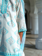 NIMBU | Gul Blue Girls Kurti With Pants Set In Cotton With Net Dupatta