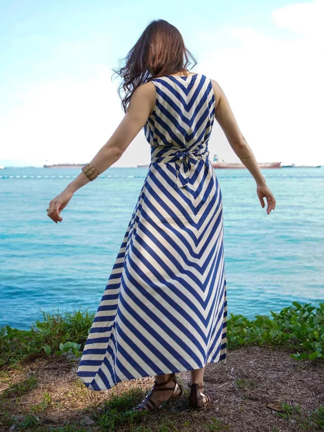 NIMBU | Vela Women's Wave Dress In Blue With Obi Belt