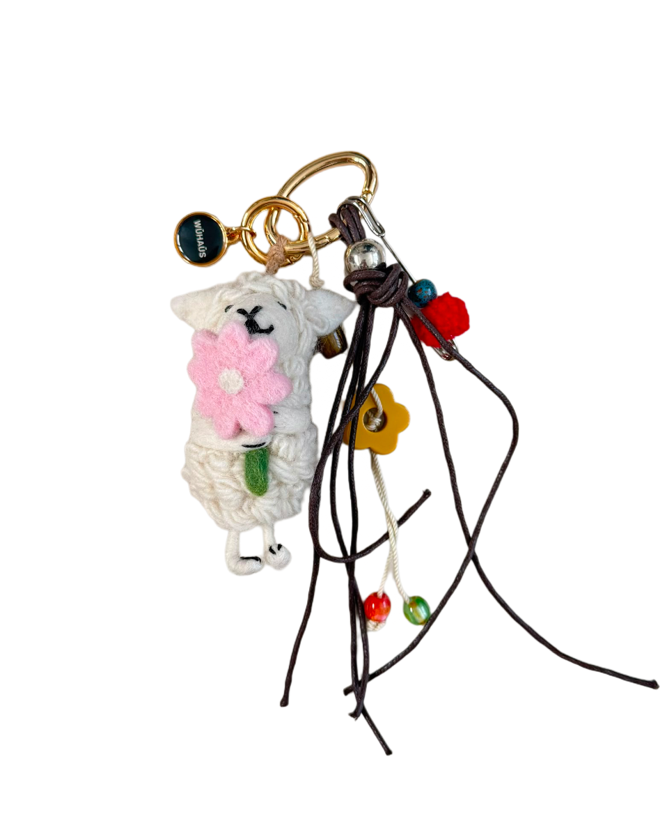 WU HAUS | Bag Charm | Wool Sheep/ Pink Flower