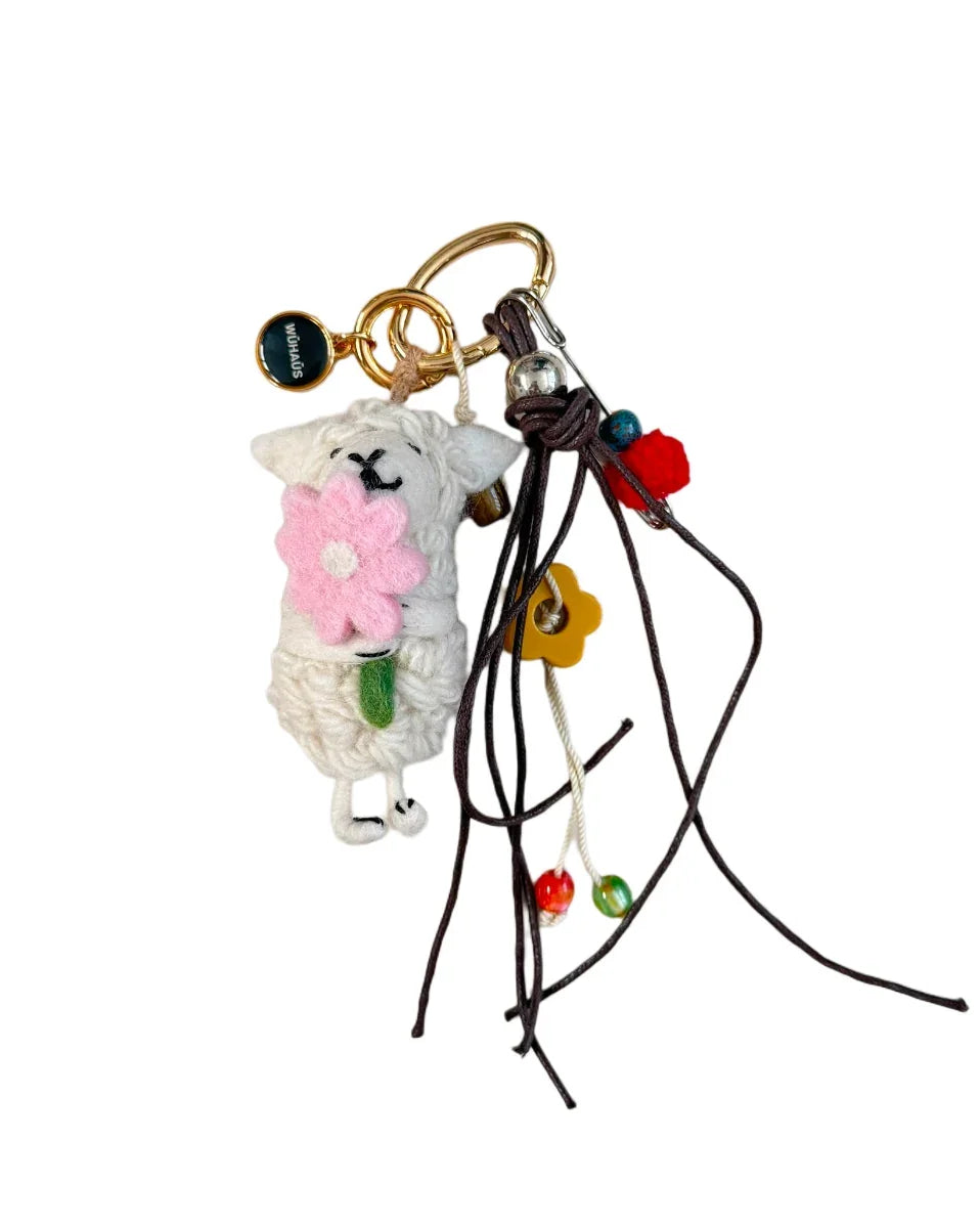 WU HAUS | Bag Charm | Wool Sheep/ Pink Flower