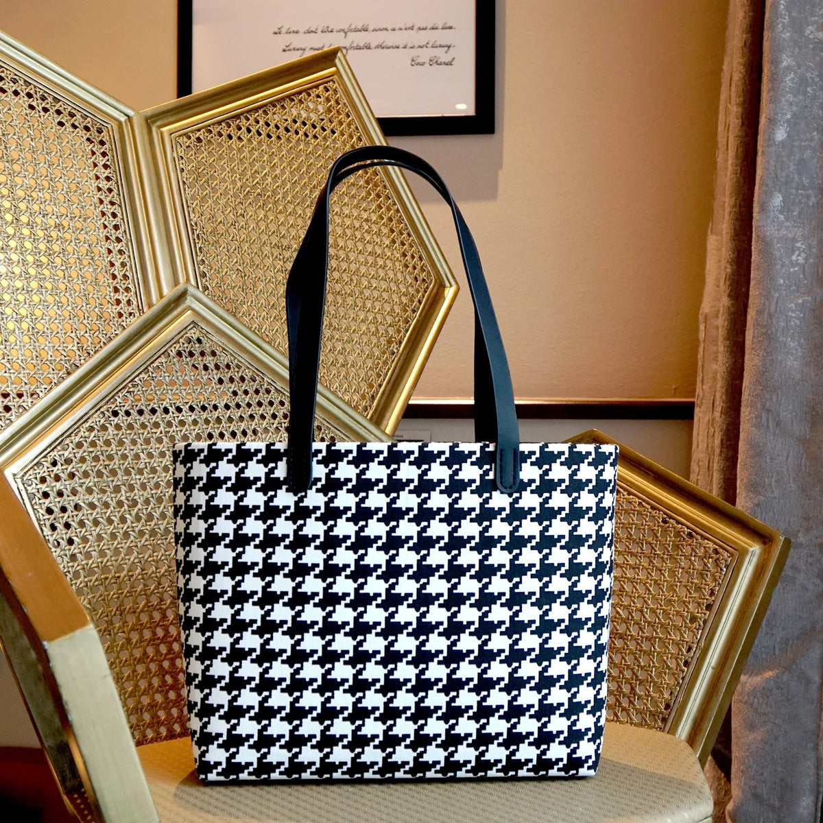 COCOONESE | Zipper Top Tote Bag - Houndstooth Check (BK)