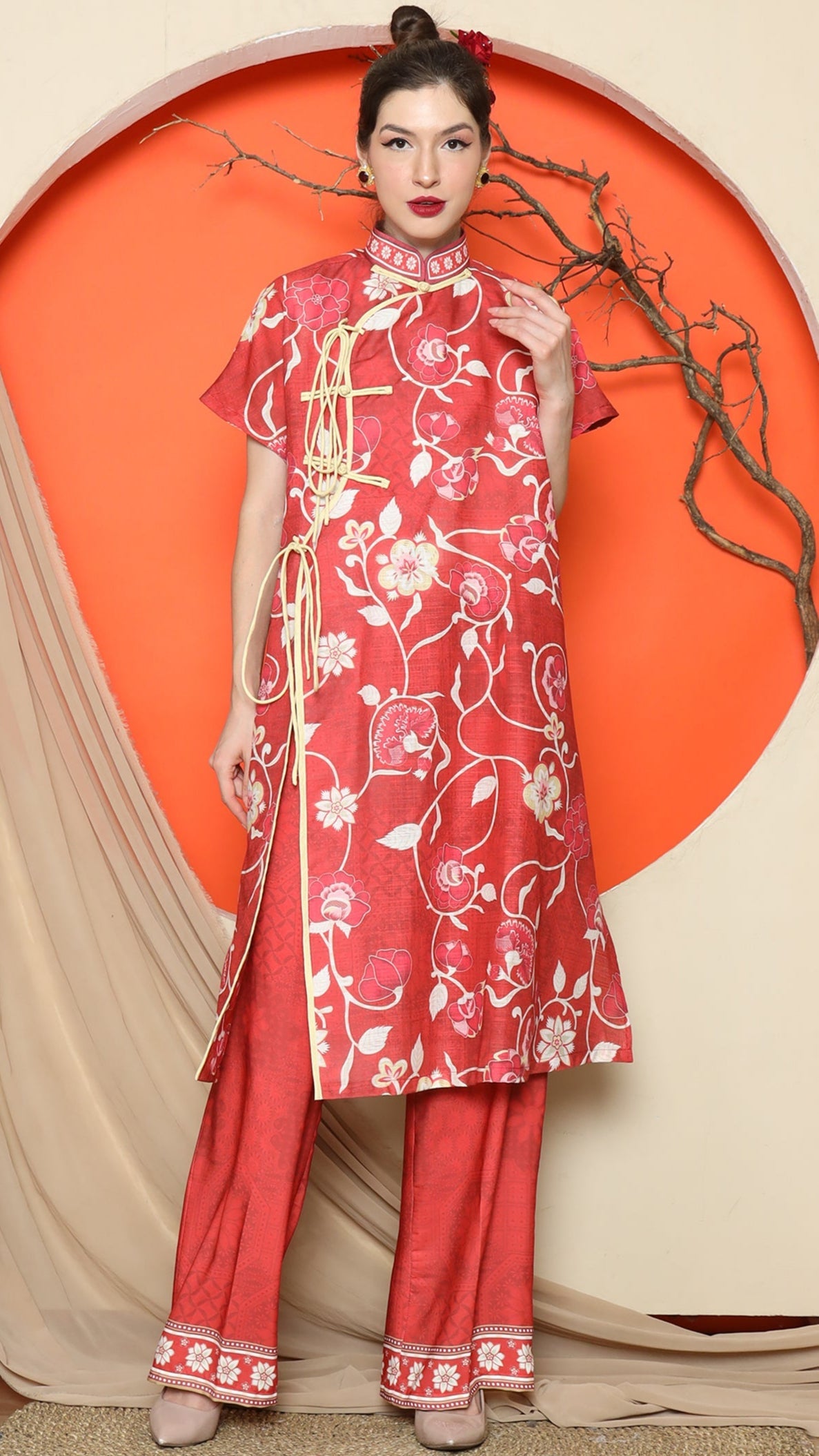 KANZI COLLECTION | Red Oriental Floral Cheongsam Pant Set