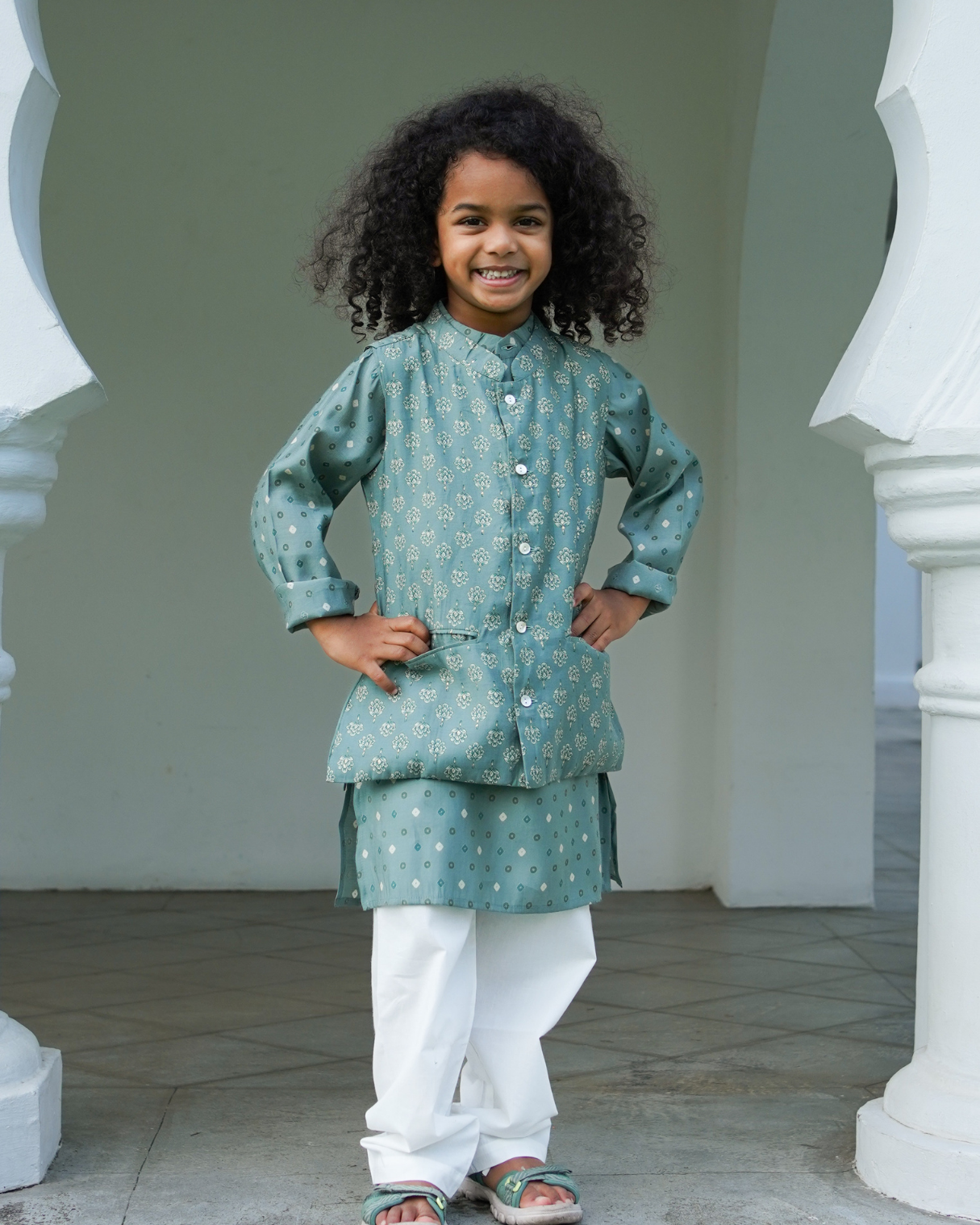 NIMBU | Vir Sage Green Boys Kurta Pajama Jacket in Muslin Cotton