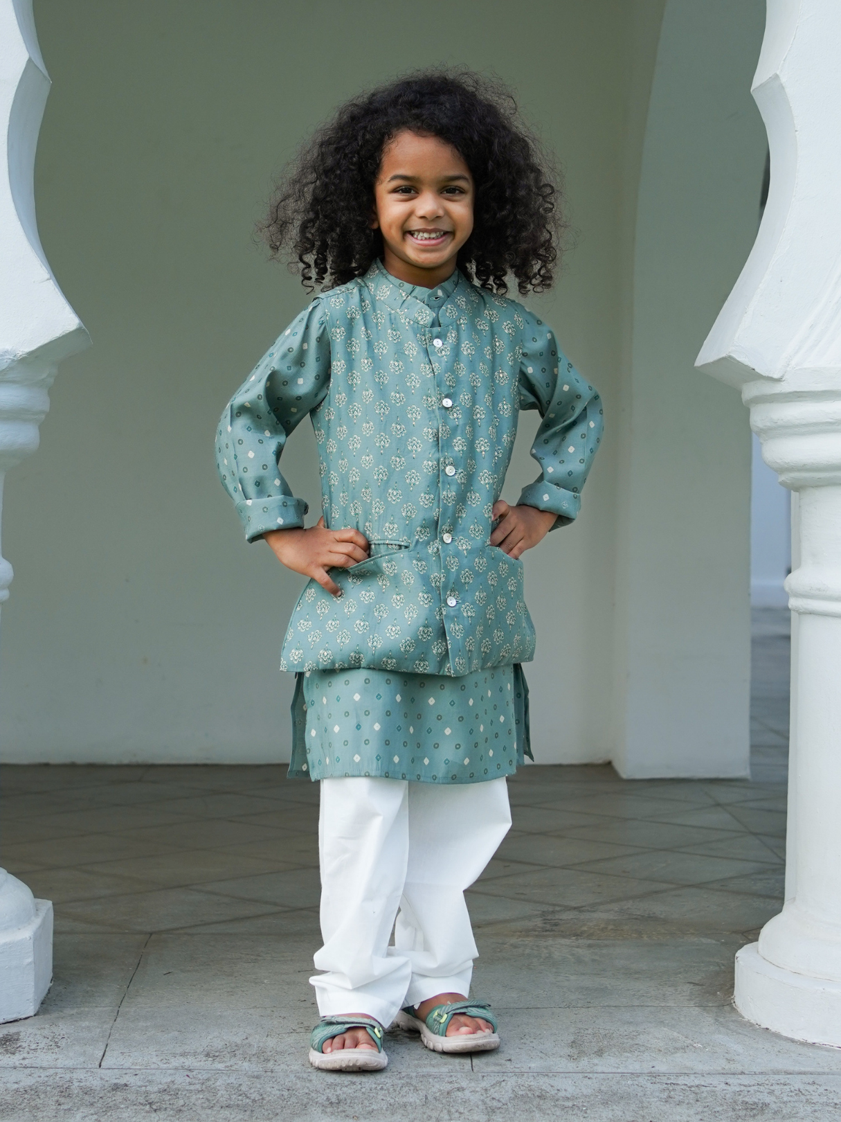 NIMBU | Vir Sage Green Boys Kurta Pajama Jacket in Muslin Cotton