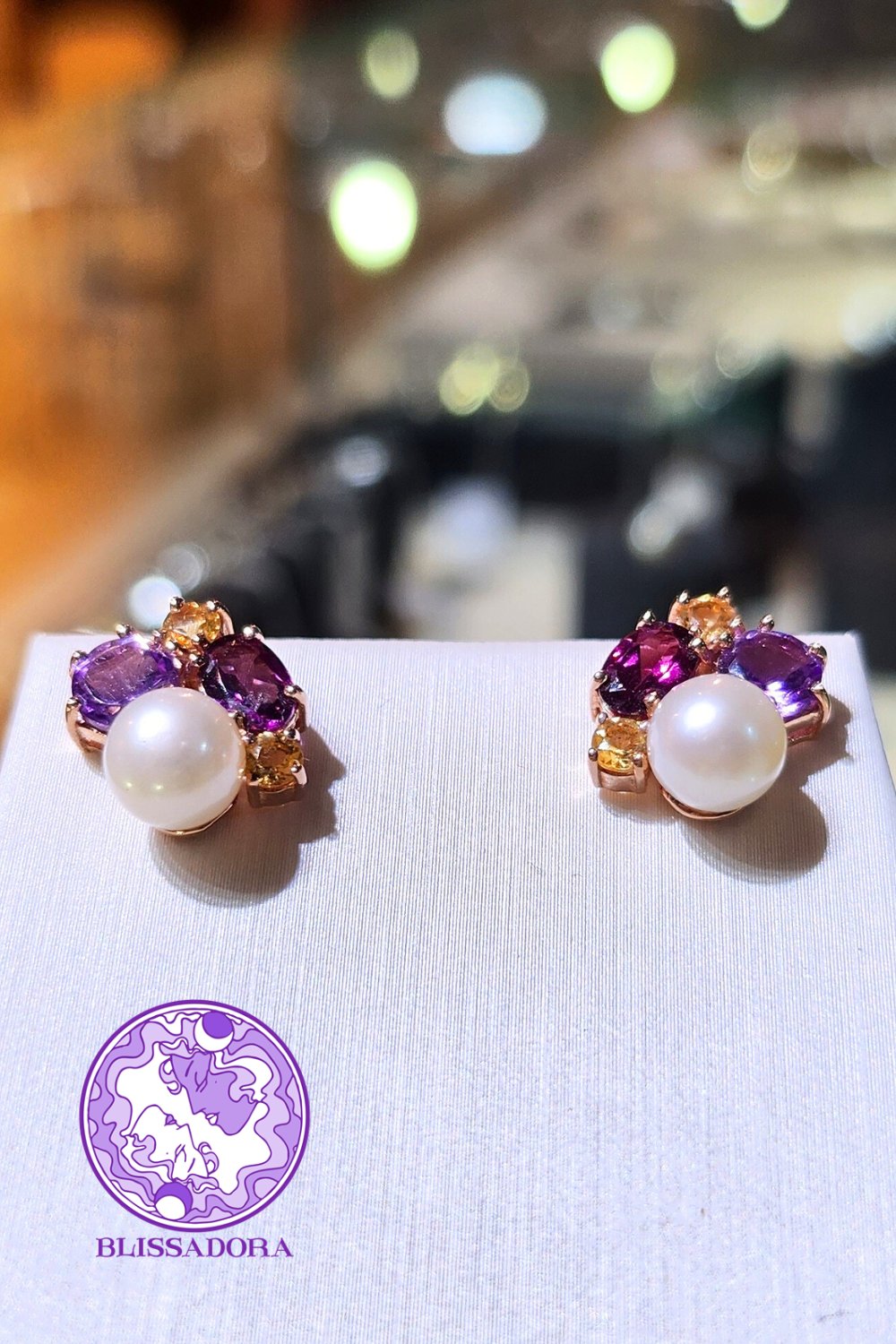 CREATIVE JEWELLERY STUDIO | Amethyst, Rhodolite, Citrine & Pearl, Rose Gold Plated Silver Earrings by Blissadora