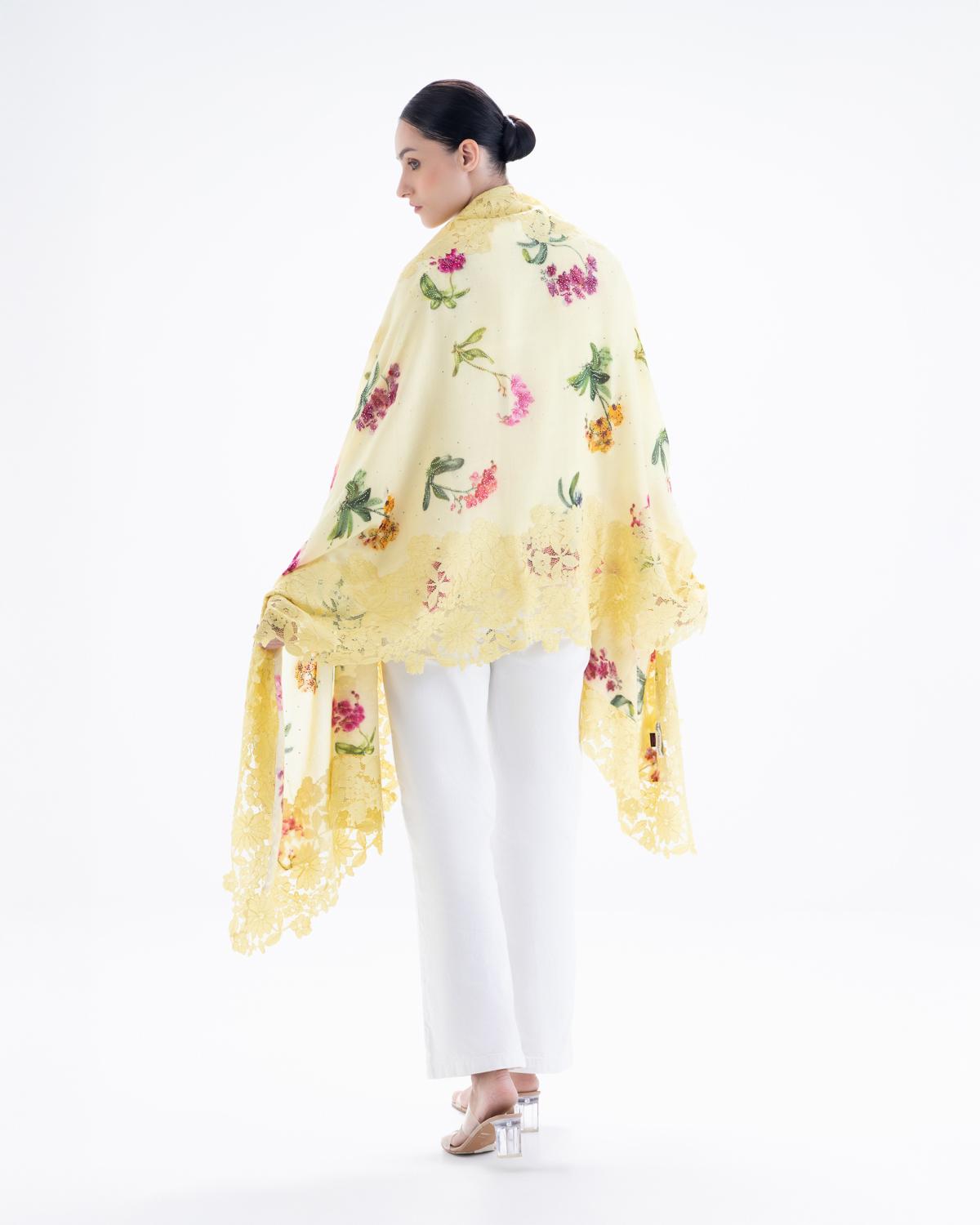 QUEENMARK | AN Assorted Lace Print Crystal Shawl Light Yellow Flower