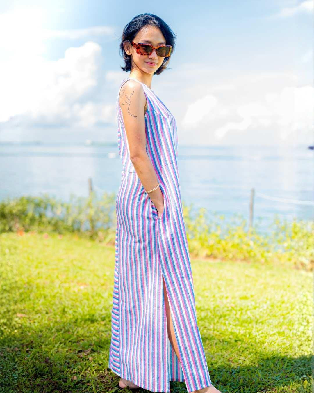 NIMBU | Luna Women's Slit Dress In Pink And Blue Stripes