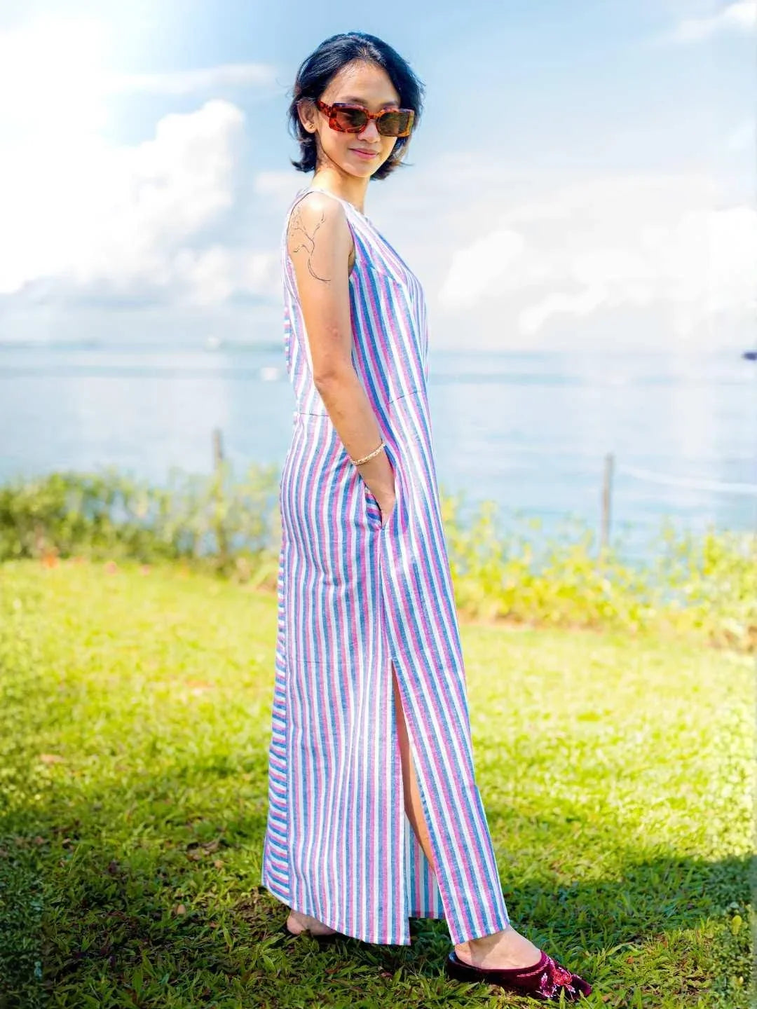 NIMBU | Luna Women's Slit Dress In Pink And Blue Stripes