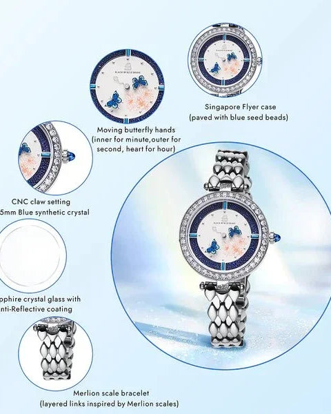 BLACK BY BLUE BRAVE | Butterfly Lovers 34mm Blue Dial Moving Butterfly Hands Silver Bracelet Watch