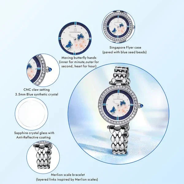 BLACK BY BLUE BRAVE | Butterfly Lovers 34mm Blue Dial Moving Butterfly Hands Silver Bracelet Watch