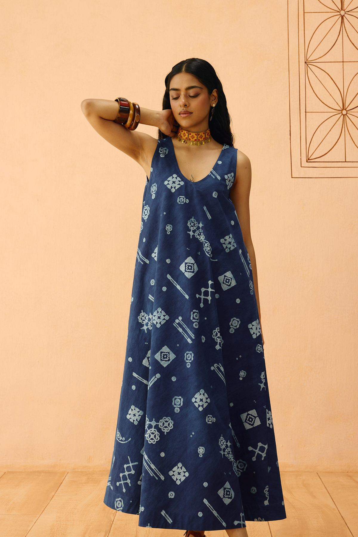 SUI | Indigo Ornament Organic Coton Maxi Dress