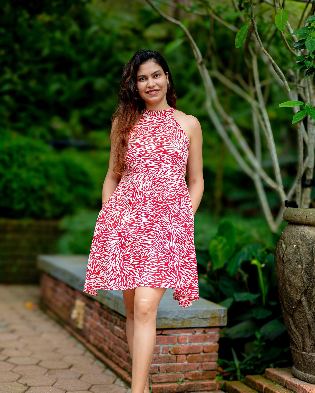 NIMBU | Singapore Short Halter Dress with Pockets in Red White