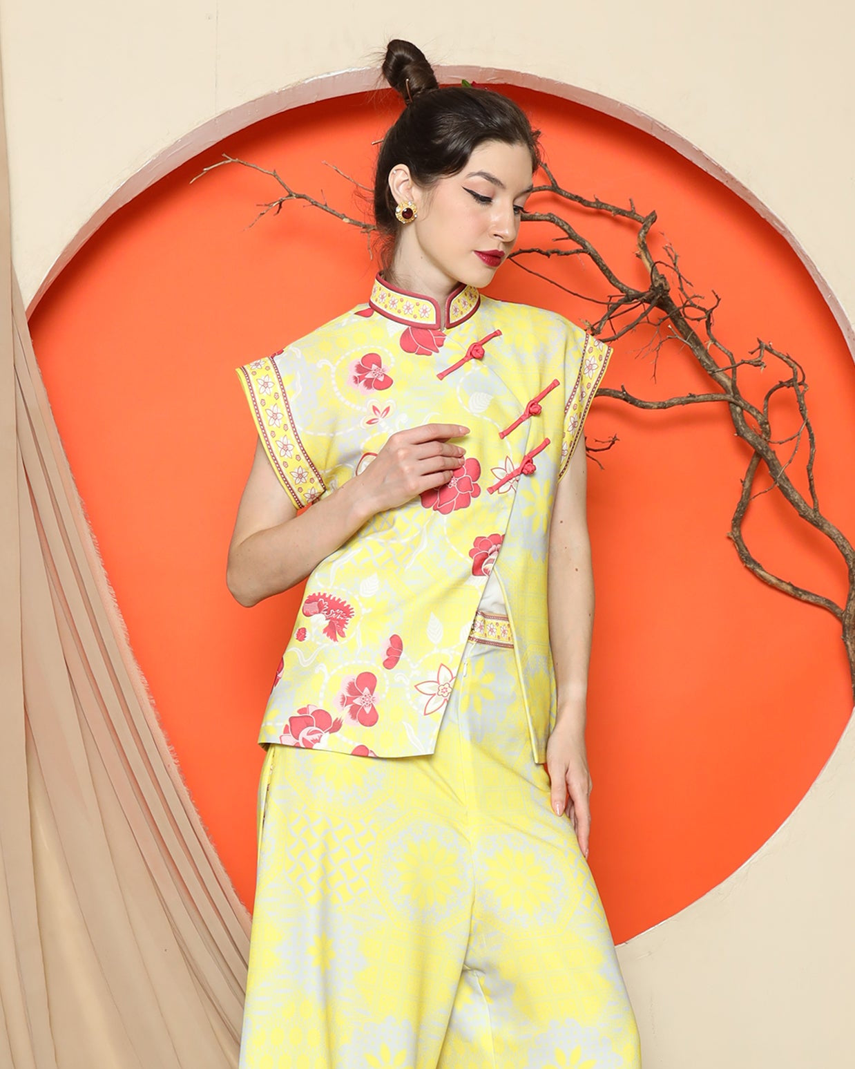 KANZI COLLECTION | Yellow Cheongsam Floral Vest With Wide Leg Pant Set