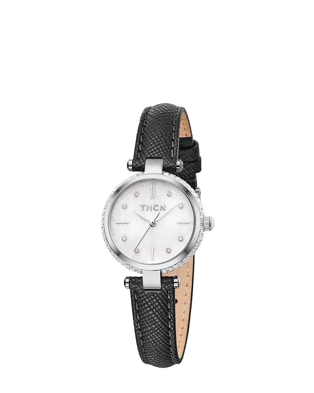BLACK BY BLUE BRAVE | THCN T· I Mother-of-Pearl Dial Black Leather Strap Watch | Silver
