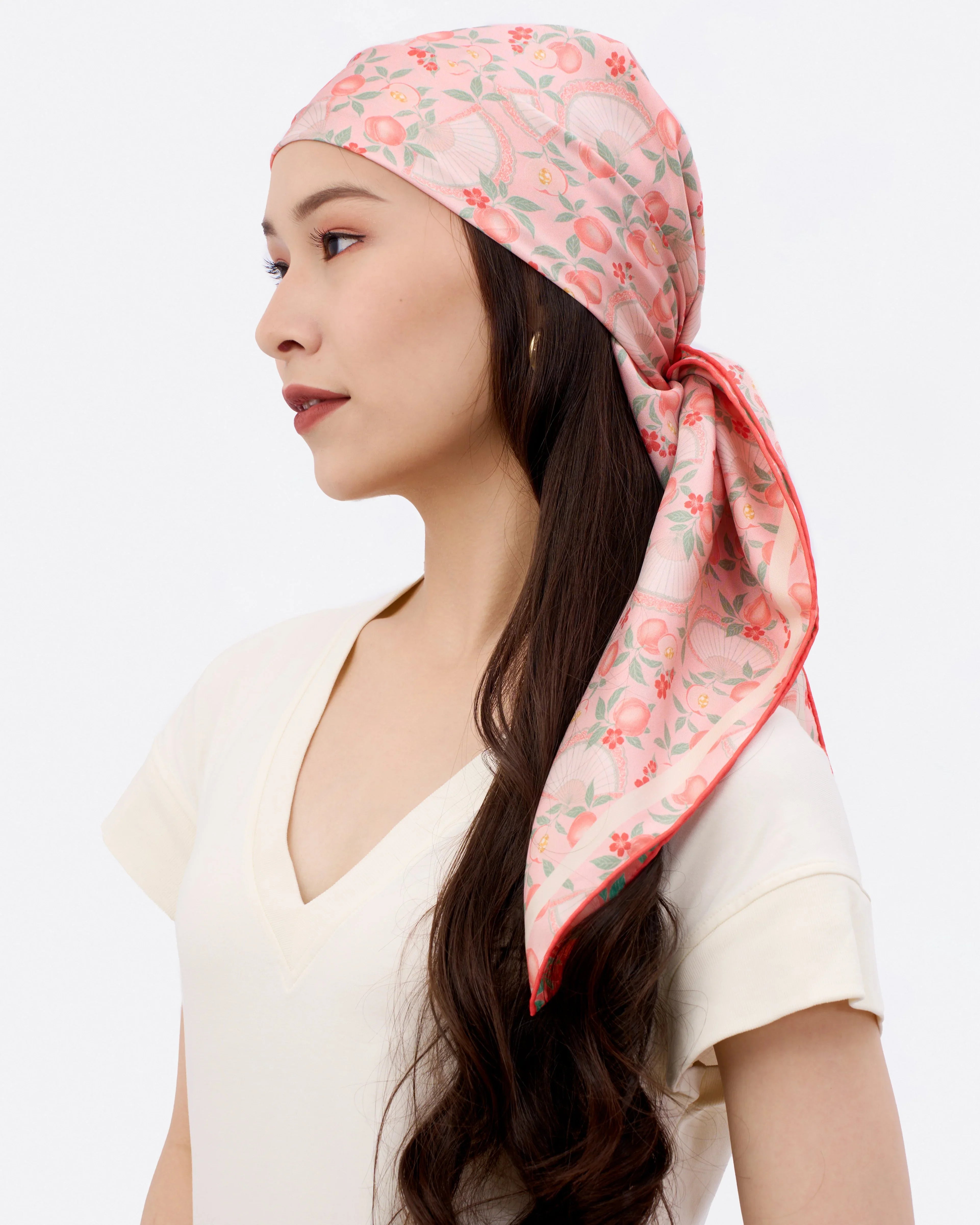 STUDIO QILING | Golden Peaches Pink Coral Double Side Silk Scarf 100