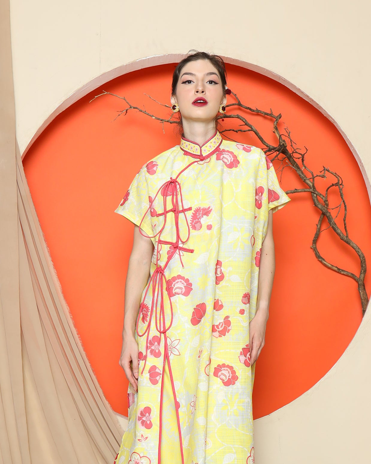 KANZI COLLECTION | Yellow Oriental Floral Cheongsam Pant Set