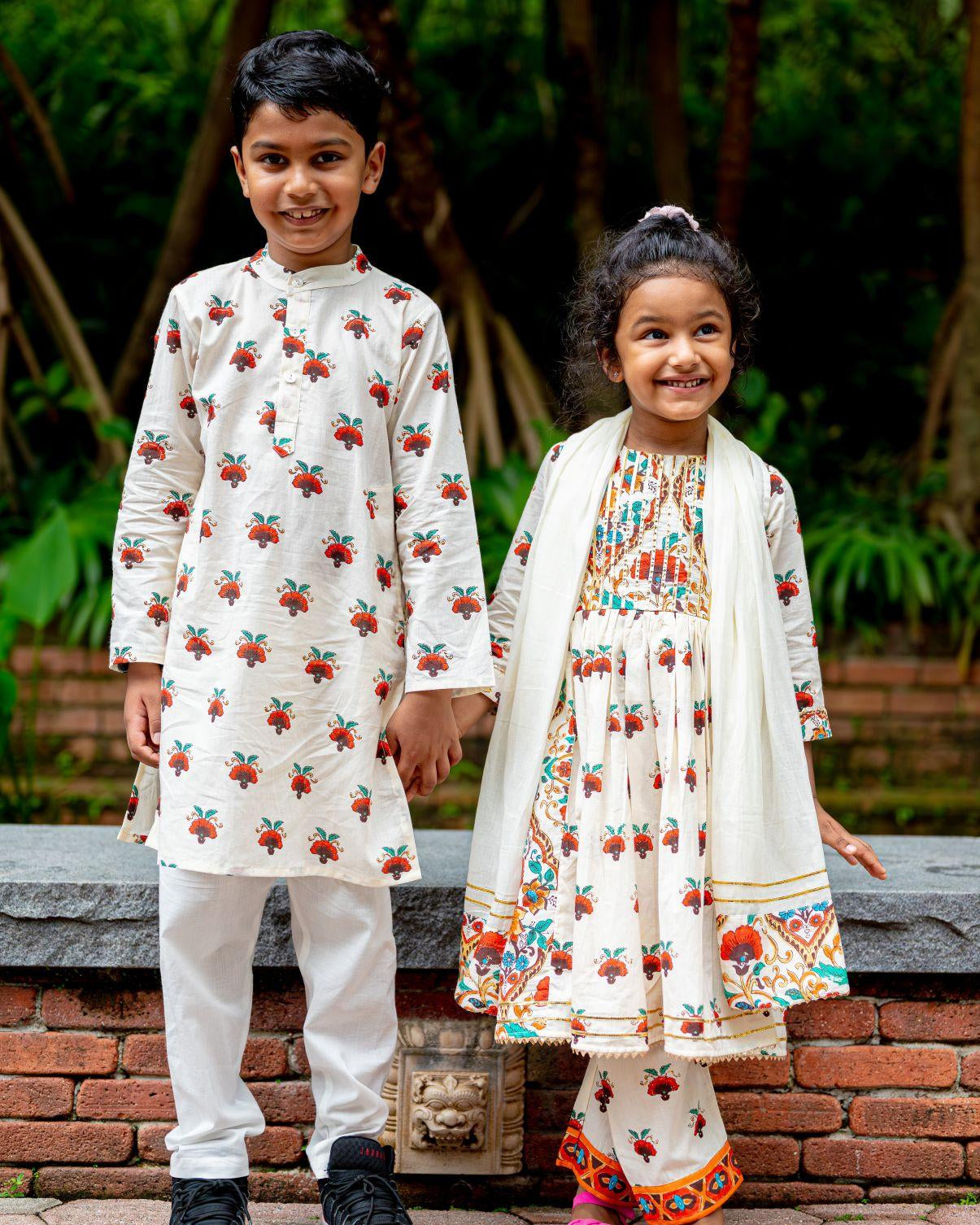 NIMBU | Rosa Girls Anarkali With Dupatta Set In Off White