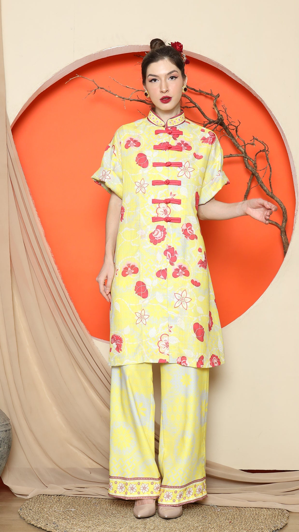 KANZI COLLECTION | Yellow Floral Cheongsam Pant Set